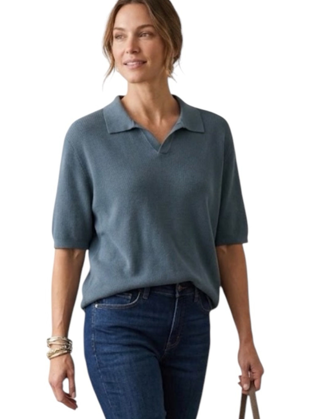 TRUTH Slate Blue Ribbed Knit Short Sleeve Polo Sweater Size XL Unisex Fine Knit